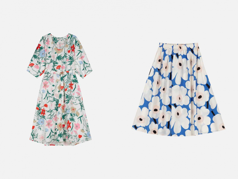 Marimekko花卉洋裝／15,900元，藍白小花長裙／10,900元（圖／品牌提供）