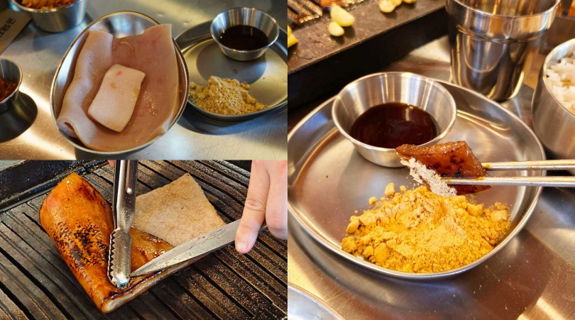 建議點選的烤豬皮會以兩面均勻受熱、烤至焦糖色後再剪成小塊，口感Q彈無腥味。（單點價180元＋10％，圖／魏妤靜攝）