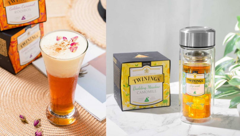 以無咖啡因的琥珀焦糖博士茶調和的「夏暮微風」（左），風味溫潤沉靜，若於指定通路消費滿額即贈唐寧冷熱雙層玻璃杯。（圖／TWININGS提供）