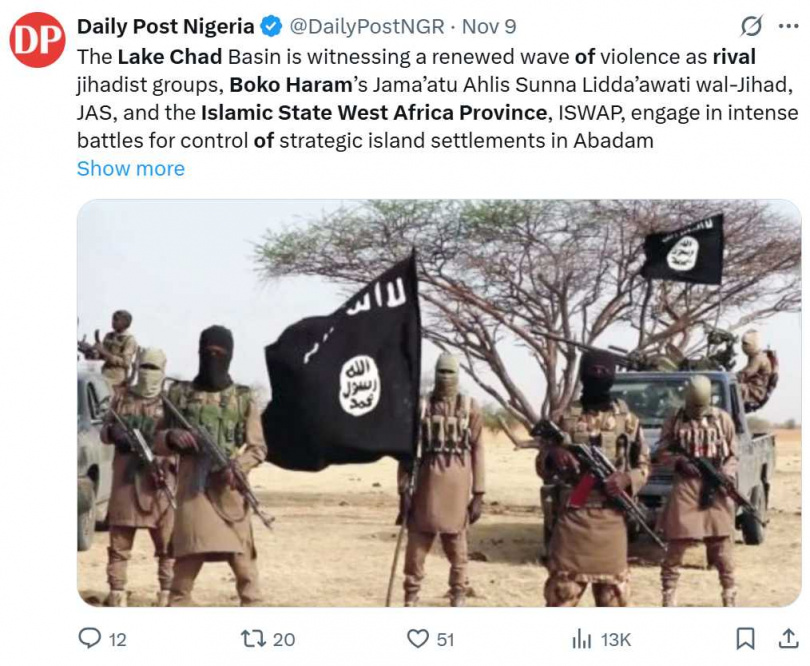 ISWAP與博科聖地勢力再起衝突，奈及利亞北部安全情勢嚴峻。（圖／翻攝自X，@DailyPostNGR）