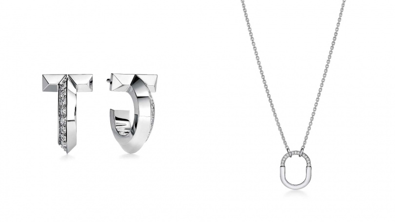 Tiffany T1 18K白金鑲鑽耳環／156,000元，Tiffany Lock 18K白金半鋪鑲鑽石鏈墜(小型款)／159,000元（圖／品牌提供）