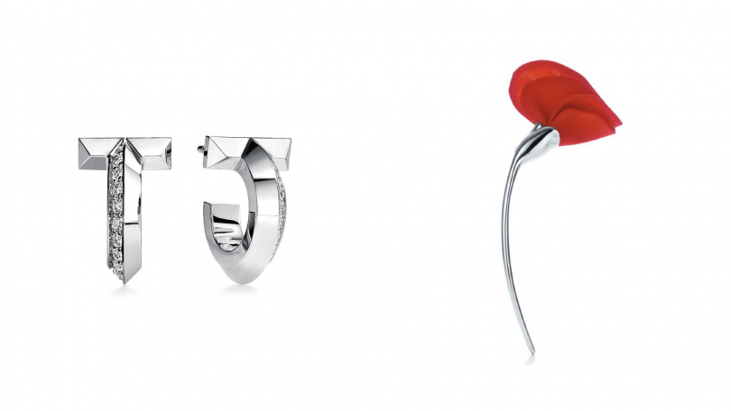 Tiffany T1 18K白金鑲鑽耳環／156,000元，Tiffany Elsa Peretti 純銀裝飾絲綢罌粟花造型胸針／37,000元（圖／品牌提供）