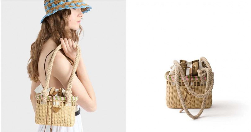 Prada 藤織亞麻混紡肩背包(粉色)／價格店洽（圖／品牌提供）