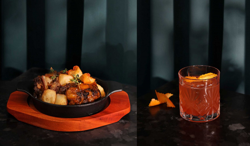 Lounge Vino推出「西班牙傳統燉牛尾」（左，580元），右為以鐵觀音伏特加為基底，搭配金巴利的微苦與草本風味的「Oolong Ruby Breeze」。（450元，圖／慕舍酒店提供）