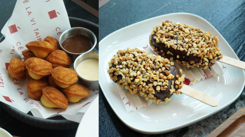 「紫蘇瑪德蓮」（左，420元）、屬於韓菓精緻小點拼盤之一的「大醬焦糖冰棒」。（圖／魏妤靜攝）