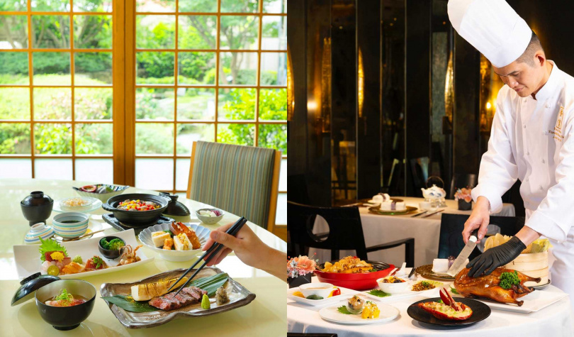 ibuki日本料理餐廳推出7道式懷石饗宴（左），父親節套餐3,680元+10%，香宮則推出包含招牌片皮鴨秀的15,888元+10%元父親節4人套餐。（圖／台北遠東香格里拉提供）