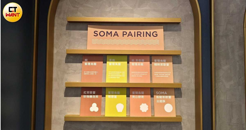 SOMA門市貼心為消費者標註建議搭配的蜜隱烏龍手搖飲與茶香點心，可對照上下同色色卡獲得推薦。（圖／魏妤靜攝）