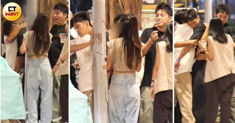 不勝酒力的柯震東「掛」在朋友身上被抬出餐廳，一旁的王大陸一下子抽菸一下子抱住柯震東的腹部，感覺似乎很習慣這畫面。（圖／本刊攝影組）
