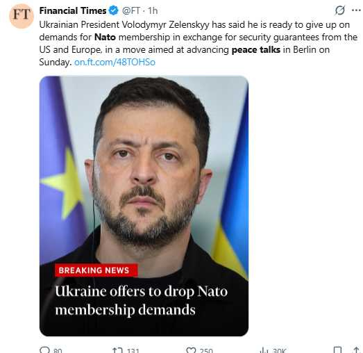 烏克蘭總統澤倫斯基於柏林會談前宣布重大政策轉向,放棄北約夢改尋西方安全保障。(圖/翻攝自X,@FT)