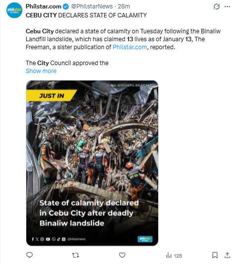 宿霧市比納利村垃圾掩埋場坍塌現場，搜救人員動用重機械持續搜尋失聯者。（圖／翻攝自X，@PhilstarNews）