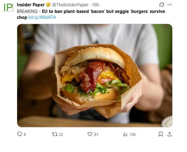 歐盟新規定下，「蔬食漢堡」等名稱仍可在植物性食品上使用。（圖／翻攝自X，@TheInsiderPaper）