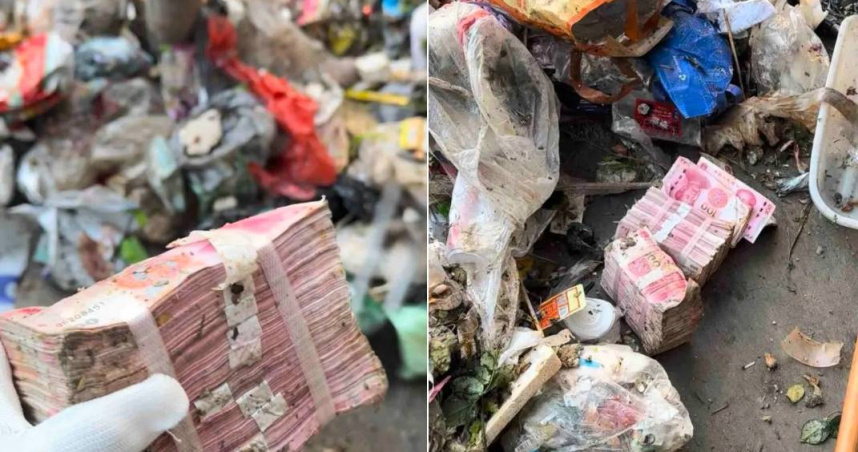 青島一對情侶誤把訂婚用的現金丟進垃圾桶，花費7小時終於找回。（圖／翻攝自傾倒日報）