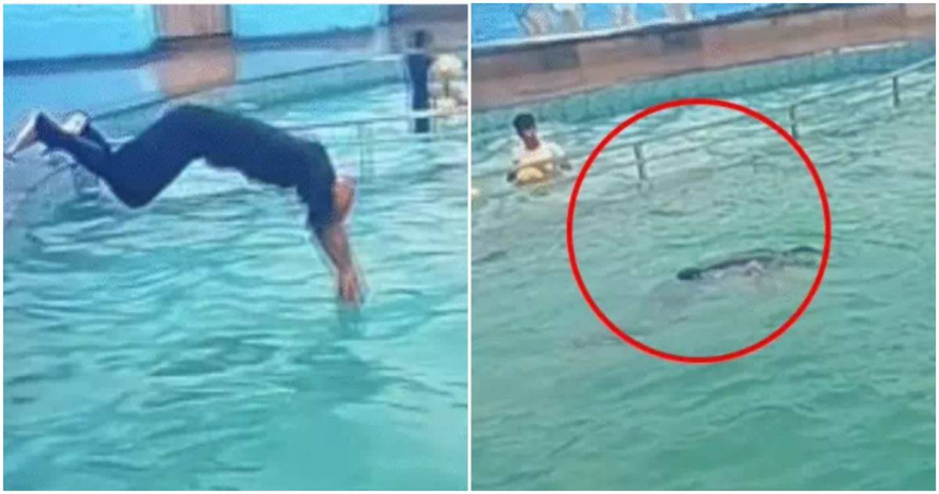 印度男子穆巴里克在上週六（5日）於一處農莊別墅舉辦的泳池派對中表演跳水，卻在跳進池中僅僅10秒左右，便因為不明原因溺水身亡。（圖／翻攝Bhaskar English）