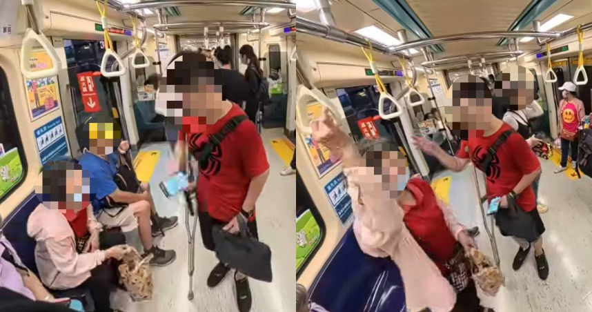 北捷車廂內，一名婦人看見拄拐的男子上車後，立即起身讓座。（圖／翻攝自臉書／爆料公社）