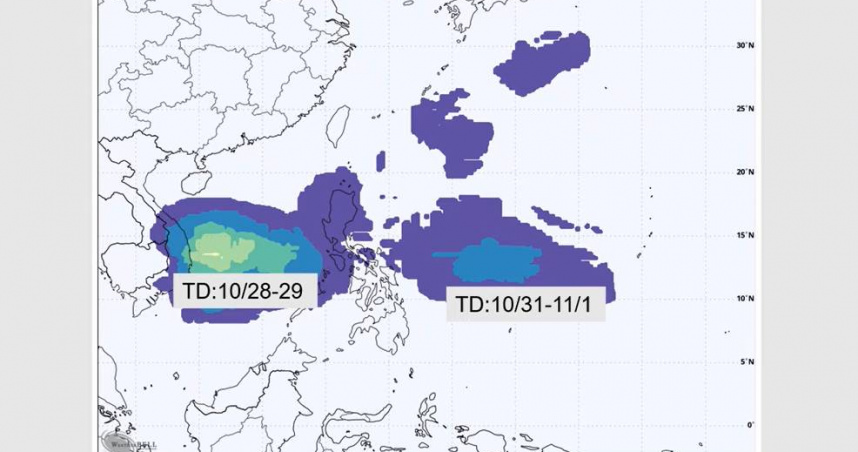 歐洲系集模式預測未來10天颱風侵襲機率圖。（圖／翻攝自YouTube頻道／Hsin Hsing Chia）