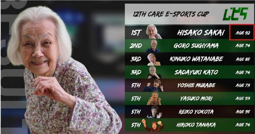 日本92歲老婦酒井壽子（酒井ヒサ子）超會打電動，奪下《鐵拳8》格鬥賽冠軍，刷新該項賽事最高齡拿下第一名的玩家紀錄。（圖／翻攝自X／careesports_mie）