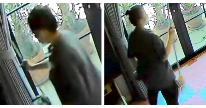 監視器畫面顯示，清潔工將奶瓶從三樓帶至二樓，疑似偷偷加入異物後再放回原位。（圖／翻攝自臉書／เจ๊ม้อย v+）