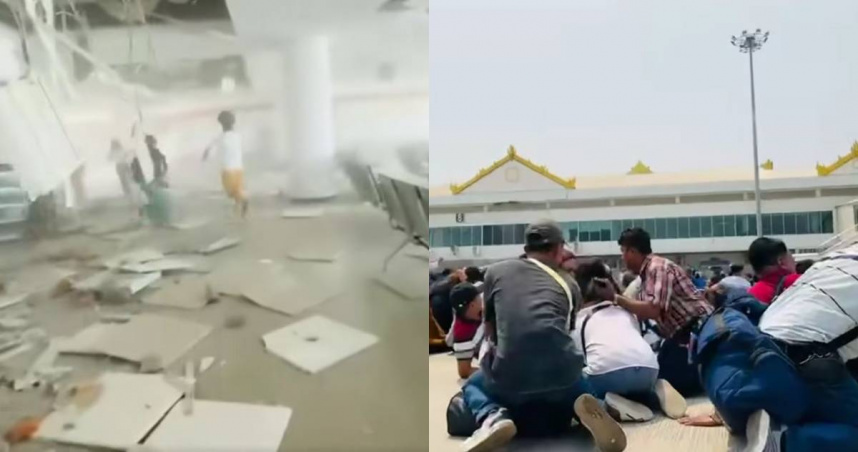 曼德勒國際機場因地震影響，內部瞬間化為廢墟，旅客只能逃往停機坪避難。（圖／翻攝自臉書／Khaosod - ข่าวสด）