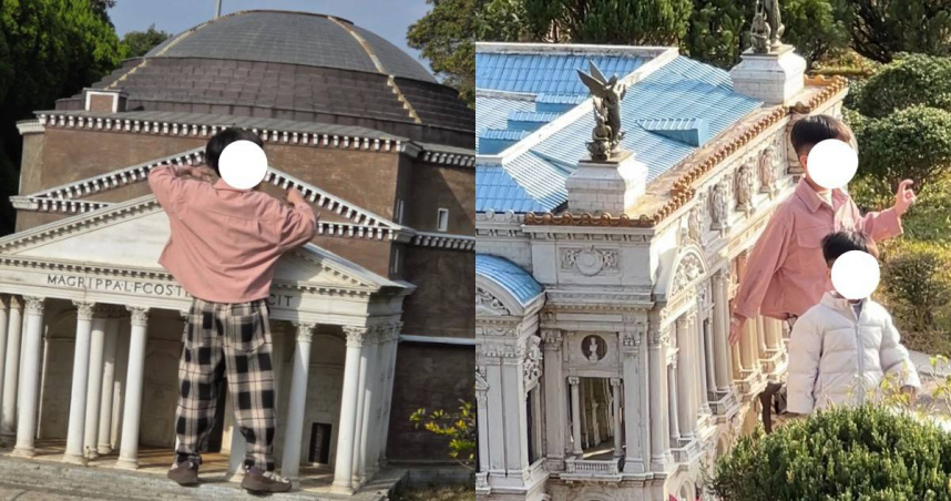 家長放任男童「闖模型區踩踏、拆屋」。（圖／Threads＠tlms6_1、chenyiffaa0204提供）