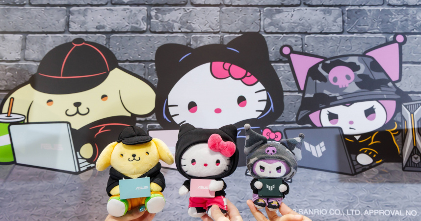 Hello Kitty、布丁狗與酷洛米三大人氣角色換上期間限定潮流造型，大玩街頭美學，懷中精巧還原的ASUS／TUF Gaming迷你筆電更是造型亮點。（圖／ASUS提供）