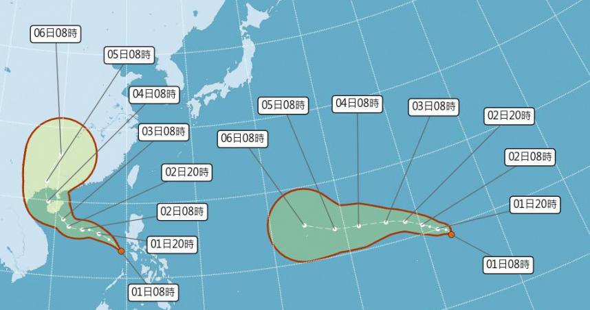 海面上有2個熱帶性低氣壓奔別是TD09號、TD10號，兩者預估在24小時內皆有機會增強為颱風。（圖／中央氣象署提供）