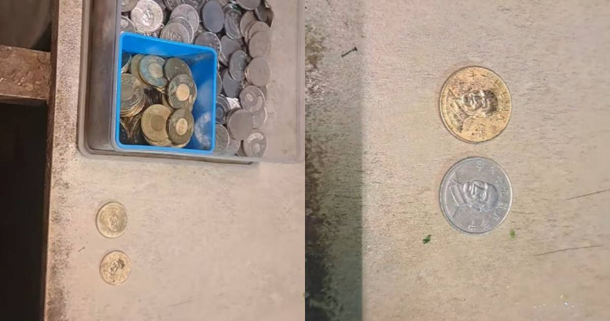 彰化鹿港當地一家虱目魚丸店，近日收到一個電鍍成金黃色，外觀與50元相同的10元銅板。（圖／Facebook／●【爆怨公社】●）