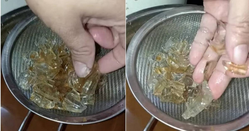 馬來西亞女子在買來的5包袋裝冰咖啡中，發現有數塊類似冰塊的玻璃碎片。（圖／翻攝自「沙登乜都有」臉書）