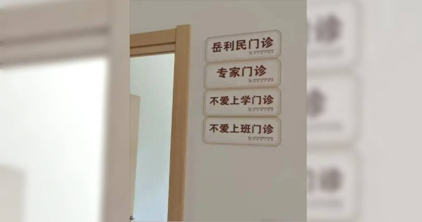 大陸河北省的陳女士（化名）近日在社交平台發文稱，秦皇島一家二甲醫院除了掛有「不愛上學門診」牌子外，還掛出了「不愛上班門診」的牌子。（圖／翻攝自微博）