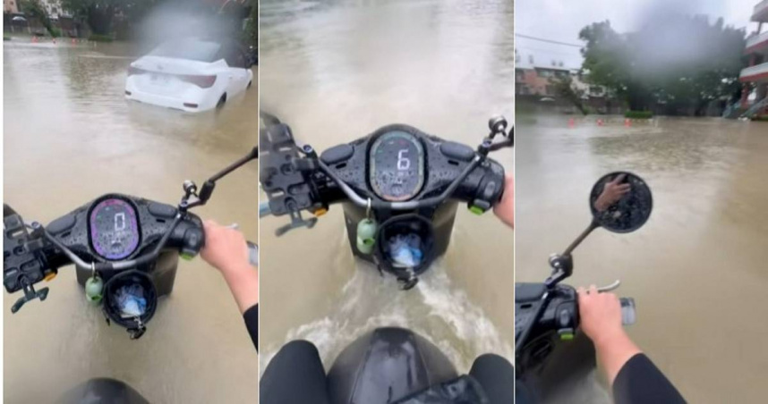 騎士騎電動車涉水，引起網友關注。（圖／翻攝自「報料公社」臉書）