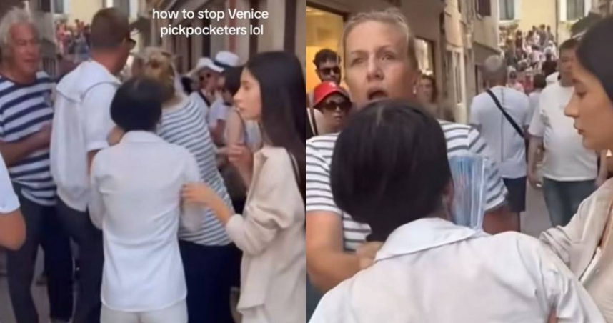 美國人妻用手抓住扒手的馬尾，防止她逃跑。（圖／翻攝自TikTok／AirPods）