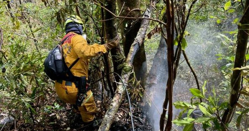 古坑草嶺山火延燒4天地面人員接手續戰 火場仍留400平方公尺燃點。（圖 ／翻攝畫面）