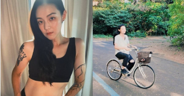 43歲女星歐陽靖為陪伴兒子新醬，學會騎腳踏車，母子倆一起在日本福岡圓夢「親子單車之旅」。（圖／翻攝自歐陽靖臉書）