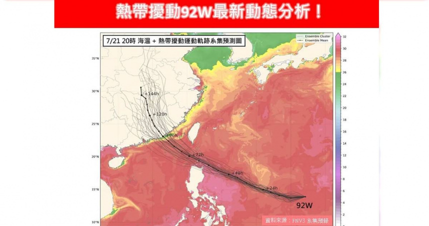 熱帶擾動92W預測路徑。（圖／翻攝自臉書／林老師氣象站）
