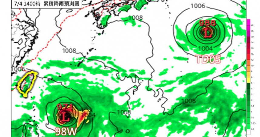 林得恩指出，西北太平洋海域上的TD05、菲島東部外海的98W，都有機會增強為颱風。（圖／林得恩臉書）