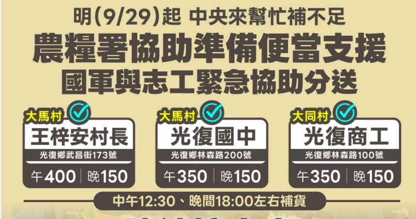 中央政府在晚間發聲，決定介入補助餐食供應，宣布自明日起，將在災區3個定點發送便當。（圖／翻攝FB／經濟部）