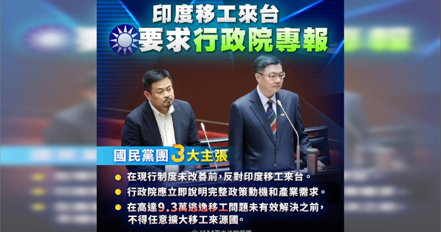 國民黨立法院黨團要求行政院就印度移工政策進行專案報告，並提出反對貿然引進、釐清產業需求及先解決逃逸移工問題等三大主張。（圖／國民黨團提供）