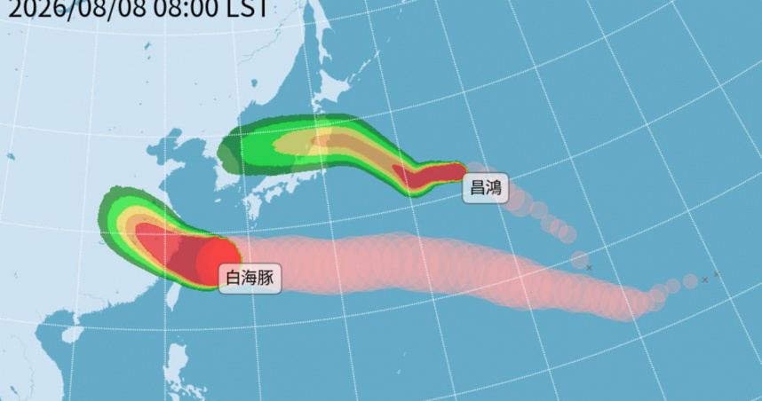 中颱白海豚今天下半天至明天將是最接近台灣、風雨影響最明顯的時段。（圖／氣象署提供）
