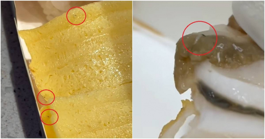 台中市一名家長崩潰發文，近日他在某知名連鎖壽司店外帶一盒壽司回家，怎料吃到一半竟發現，扇貝壽司及玉子燒壽司上「有蛆在蠕動」，但孩子已經吃下肚了。（圖／翻攝自當事人臉書）