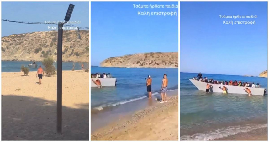 近日，一艘載有數十名難民的小船試圖登陸希臘最南端的加夫多斯島，卻在海灘上遭到多名當地民眾、遊客聯手將船隻推回海上。現場影片流出後，引發巨大爭議。（圖／翻攝X／Visegrád 24）