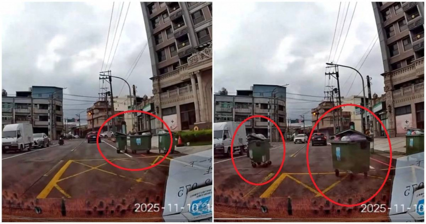 桃園有一名網友PO出昨日在桃園大園區駕車上班時,再見到垃圾桶被強風吹得在馬路上亂跑,嚇到直喊:「上班遇到垃圾桶飛彈怎麼躲?」(圖/翻攝Threads/wghwgh0312)