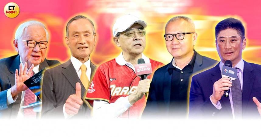 龍年台股飆漲，讓台灣富豪身價水漲船高。左起台積電創辦人張忠謀、遠雄集團創辦人趙藤雄、研華董事長劉克振、國巨董事長陳泰銘、中信慈善基金會董事長辜仲諒。（圖／報系資料照）