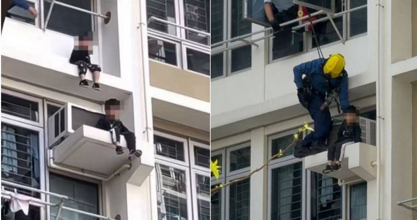 香港一對年僅3至5歲的兄弟，疑似因為鬧彆扭，竟坐在自家窗台外的圍牆上，場面相當危險。（圖／翻攝自微博）