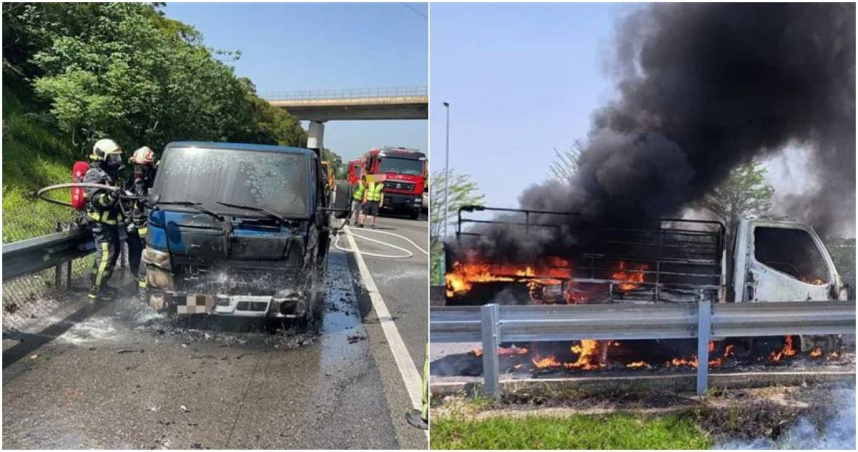 國道3號南向124公里苗栗後龍路段(右圖)今（15日）中午12時，驚傳一輛小貨車起火燃燒，怎料事隔不到2小時，另一輛小貨車行經台中大甲路段(左圖)時，又發生火燒車意外，所幸2起事故均未釀成傷亡。（圖／翻攝畫面）