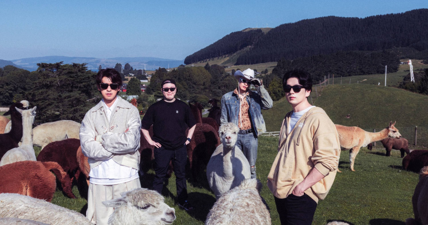 陳柏霖（左起）、草野大成、黃宣和新田真劍佑深入紐西蘭北島。（圖／出去一下提供）