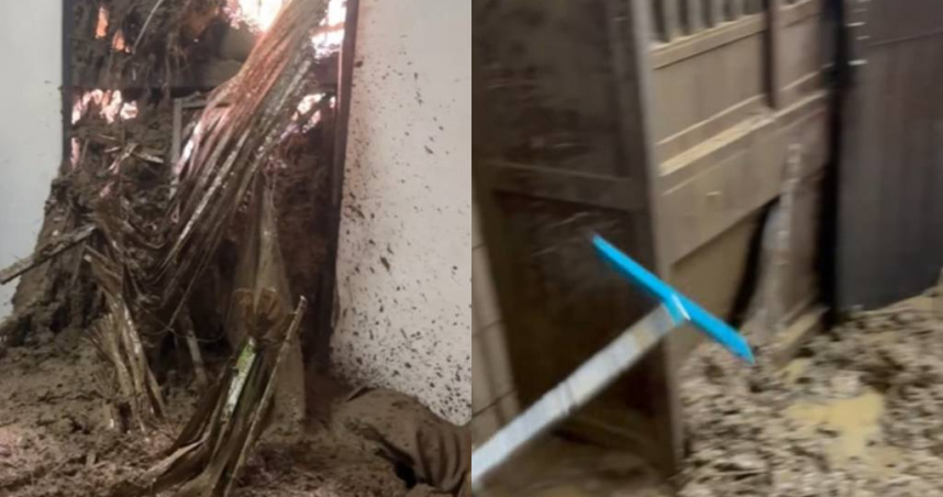 受豪雨影響，台中市石岡區1處民宅7月31日因道路坍塌衝破擋土牆，幾乎整棟被土石掩埋，立法院副院長江啟臣第一時間也前往探視，並請相關單位協助民眾撤離及安置。（圖／翻攝自江啟臣臉書影片）