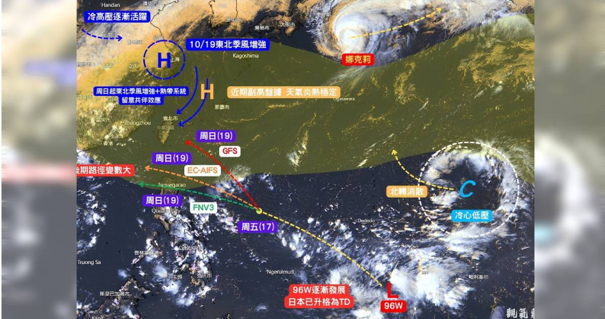 氣象粉專「觀氣象看天氣」表示，19日前後需留意熱帶擾動96Ｗ的位置及發展。（圖／翻攝自Facebook／觀氣象看天氣）
