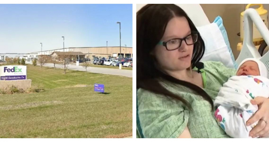 美國愛荷華州聯邦快遞女員工正在結束夜班準備下班，未料如廁時突然產子，事後笑稱「產下聯邦快遞寶寶」。（圖／翻攝自Google Map、YT， @kens5）