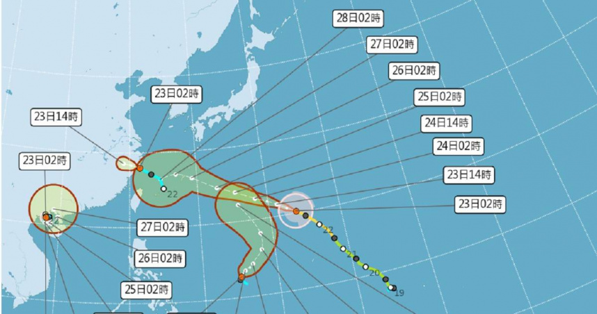 中央氣象署指出23日受西南風進一步增強及低壓帶影響，易有短延時強降雨。（圖／中央氣象署提供）