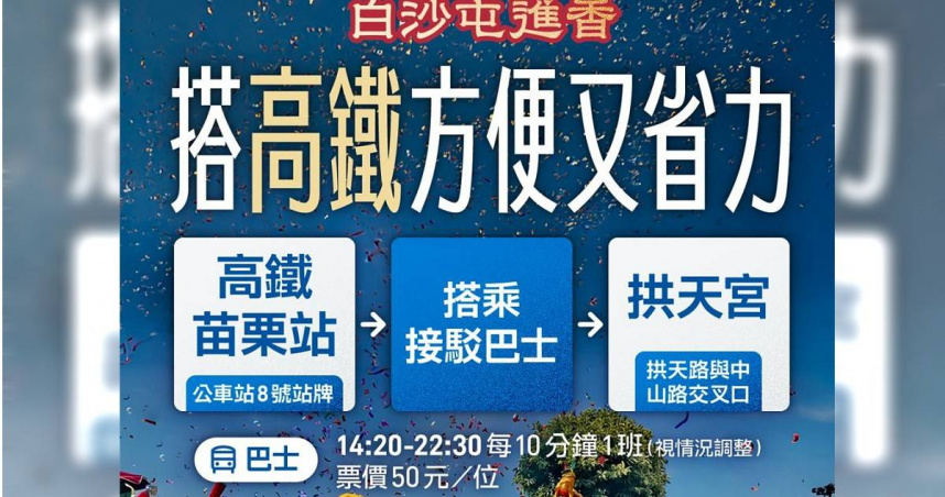 白沙屯媽祖進香活動將至，交通部公路局呼籲民眾多搭乘大眾運輸前往。（圖／公路局提供）