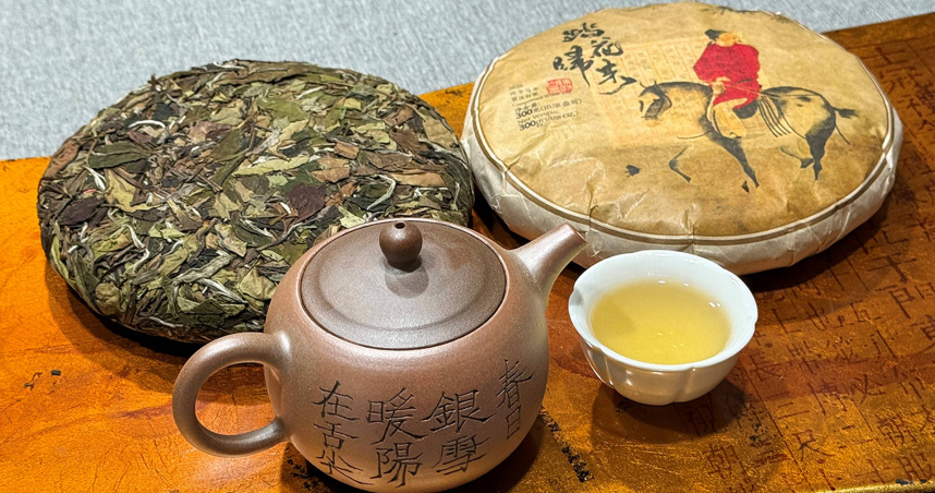 以新文人壺沖泡300克的「馬年」陳府白茶黃綠清澈的湯色。（圖／吳德亮攝影）